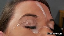 Nasty hottie gets jizz load on her face eating all the juice