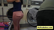 See this slutty big boobed teenager with juicy butt sucking dick in public laudromat